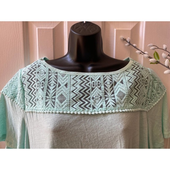 Womens Ava & Viv Linen Blend Top Size X Aqua Embroidery Detail - Picture 2 of 6